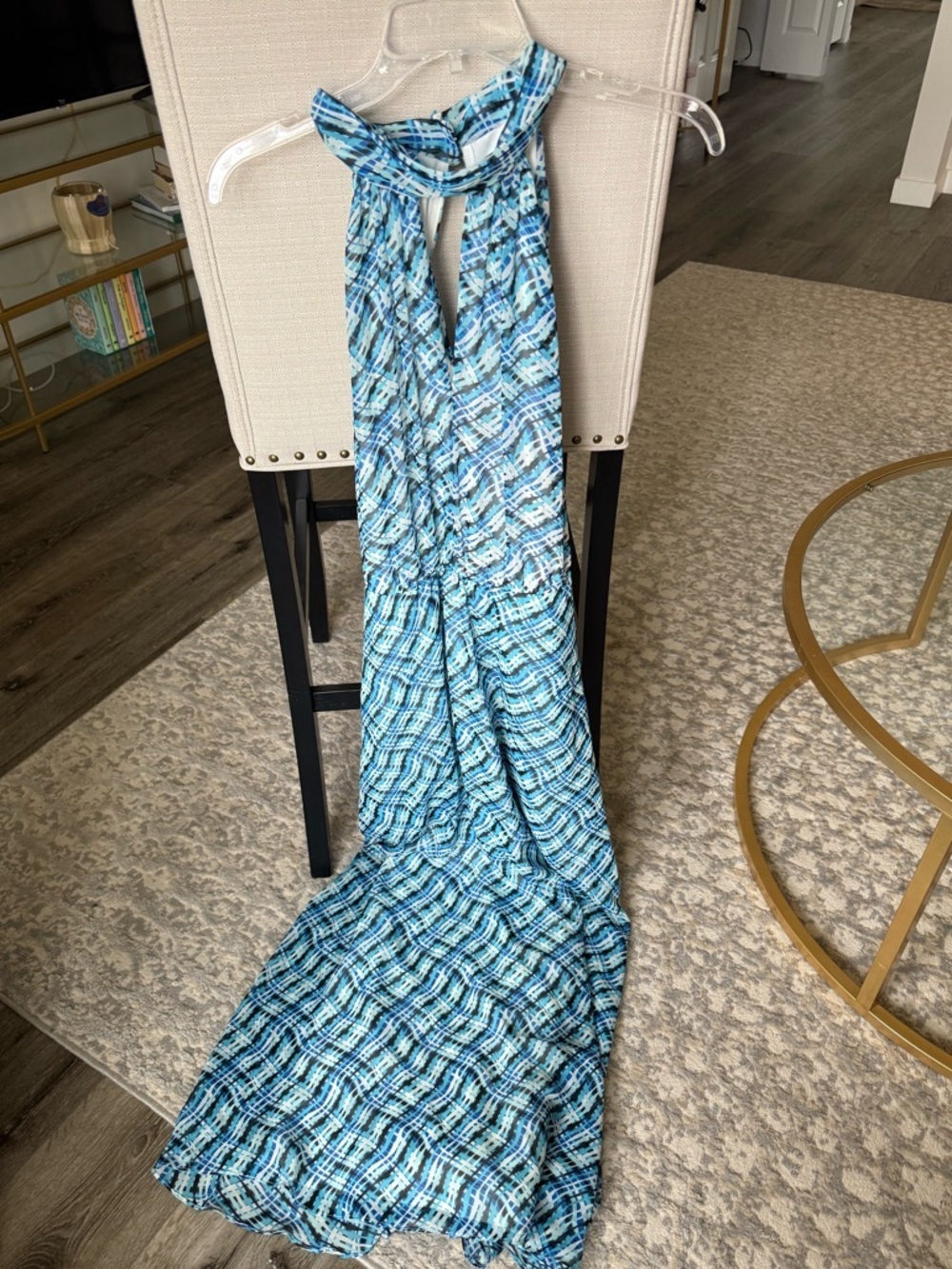NWT Calvin Klein Halter Maxi Dress Blue Abstract Print Chiffon Ruched Size 14 - Picture 2 of 10